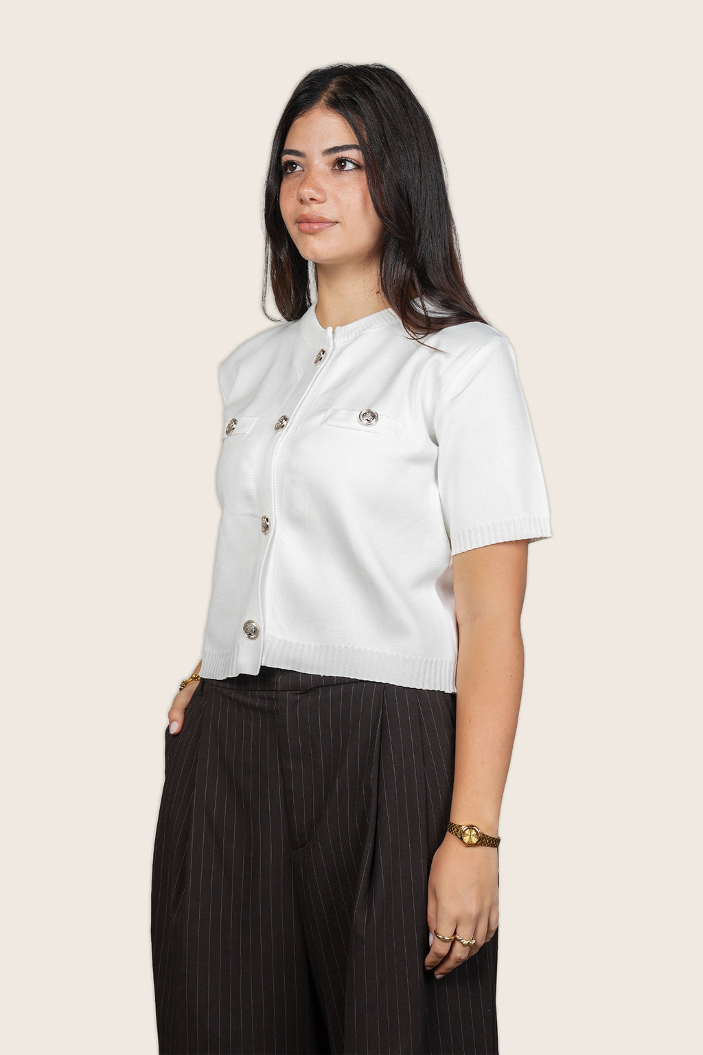 Gold Buttoned Top in White